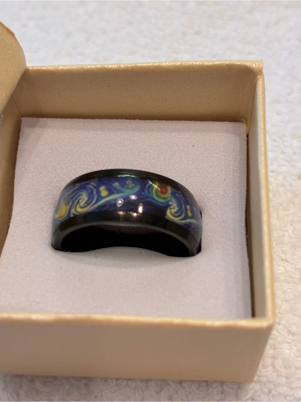 Starry Night Band Ring with Blue Yellow Swirl Inlay Size 7.5